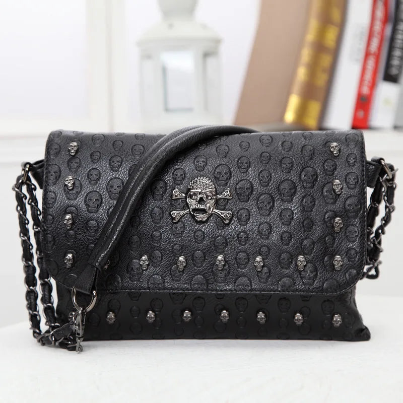 JIEROTYX New Arrival Gothic Skull Handbag - Black Rivet Chain Messenger Crossbody Shoulder Bag for Women