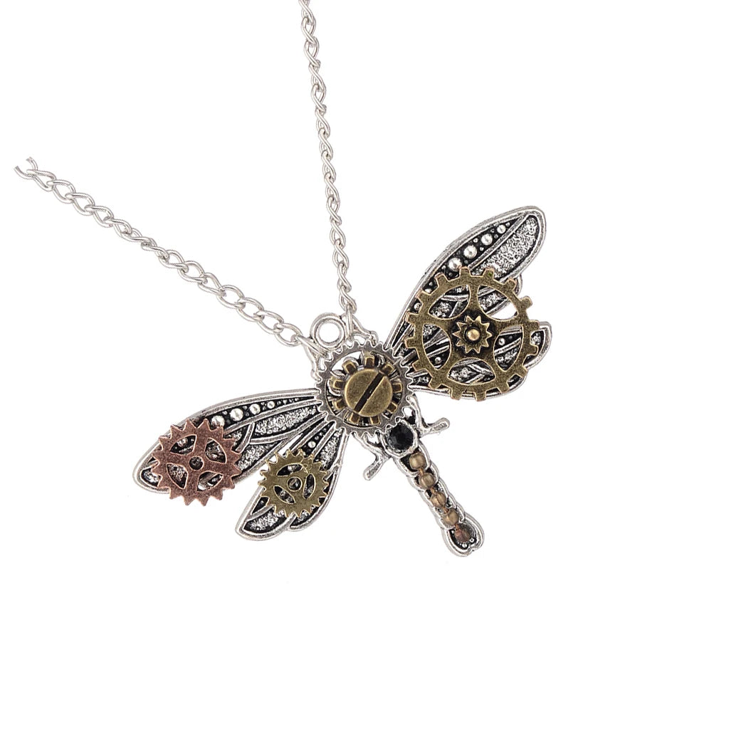 Exquisite Fashion Gear Dragonfly Steampunk Pendant Necklace | Novel Design with Long Silver Alloy Chain for Women