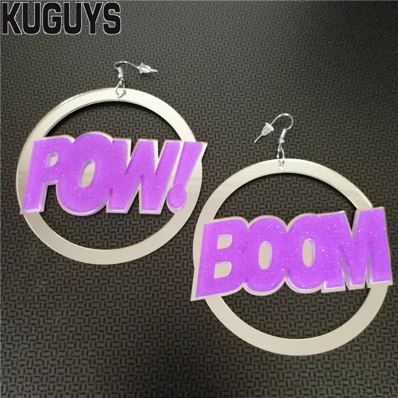 KUGUYS Pow Boom Round Earrings for Women Acrylic Jewelry Letter HipHop Punk Rock Drop Ear Accessories