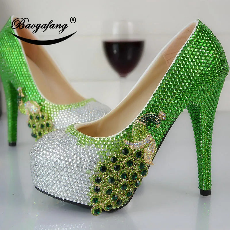 Women's Wedding Shoes – Green Rhinestone Phoenix Design, Round-Headed High-Heeled Crystal Shoes