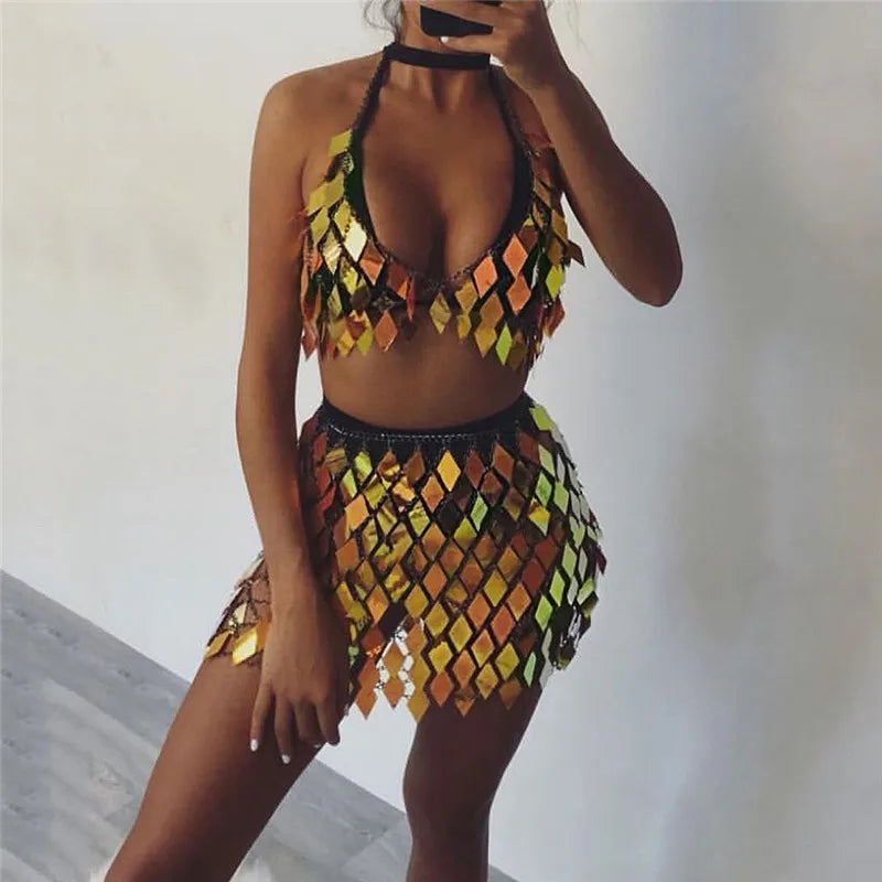 Shiny Diamond Sequins Link Chain Two 2 Piece Set Women Sexy Backless Bra Crop Top Hollow Out Mini Skirt Set Summer Beach Outfits