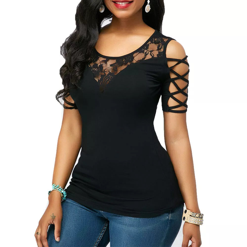 Women's Fashion Cold Shoulder T-Shirt - Round Neck, Floral Lace, Slim Fit, Short Sleeve Summer Top