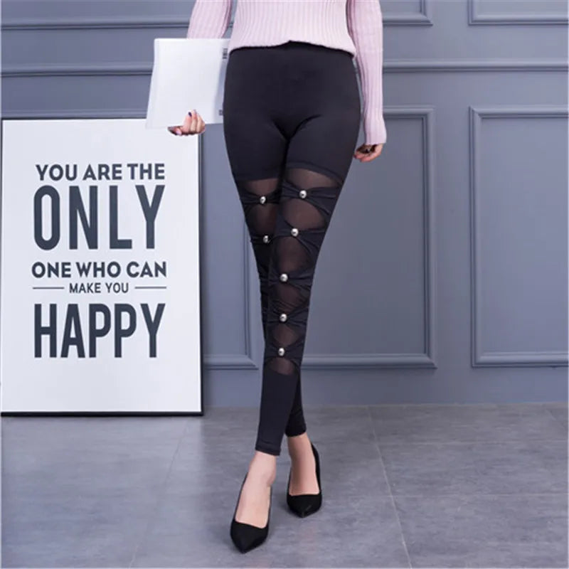 Women's High Street Fashion Mesh Leggings - Lady Fitness Elastic Silver Jewelry Pencil Pants with Punk Rock Striped Bow Detail