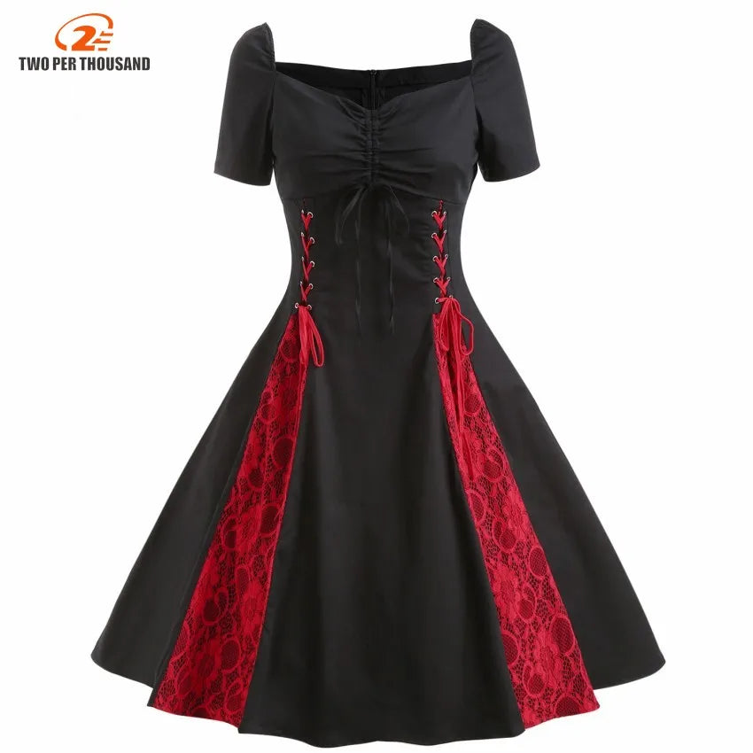 Summer Vintage Black Red Lace-Up Dress - Women’s Ruched Bust Tie Front Gothic Rockabilly Tunic