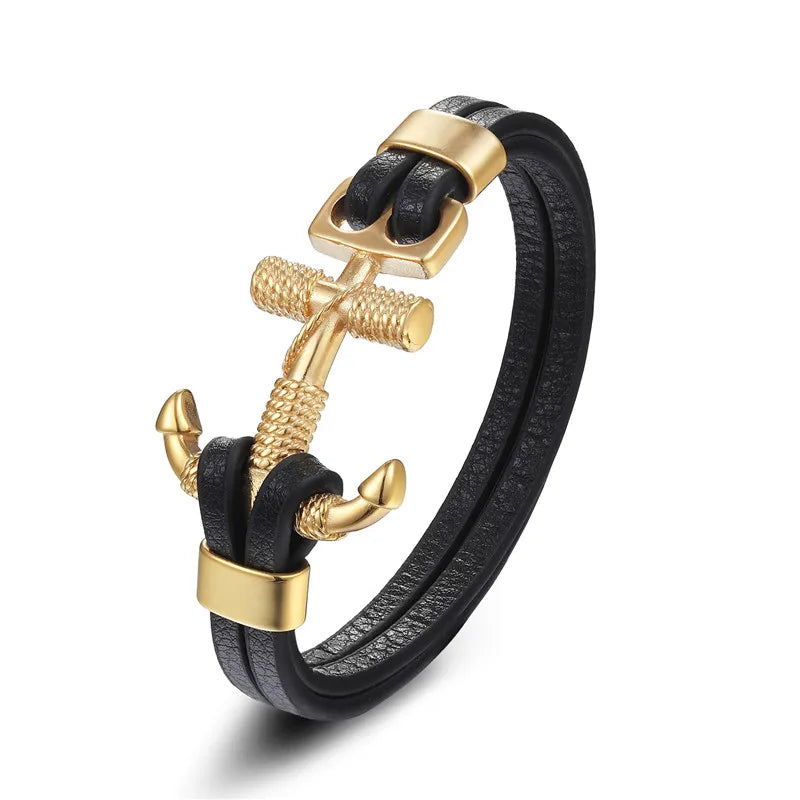 YIZIZAI Genuine Leather Anchor Bracelet Men Lion Double Wolf Shackles Stainless Steel Charm Bracelets Wristband Fashion Jewelry