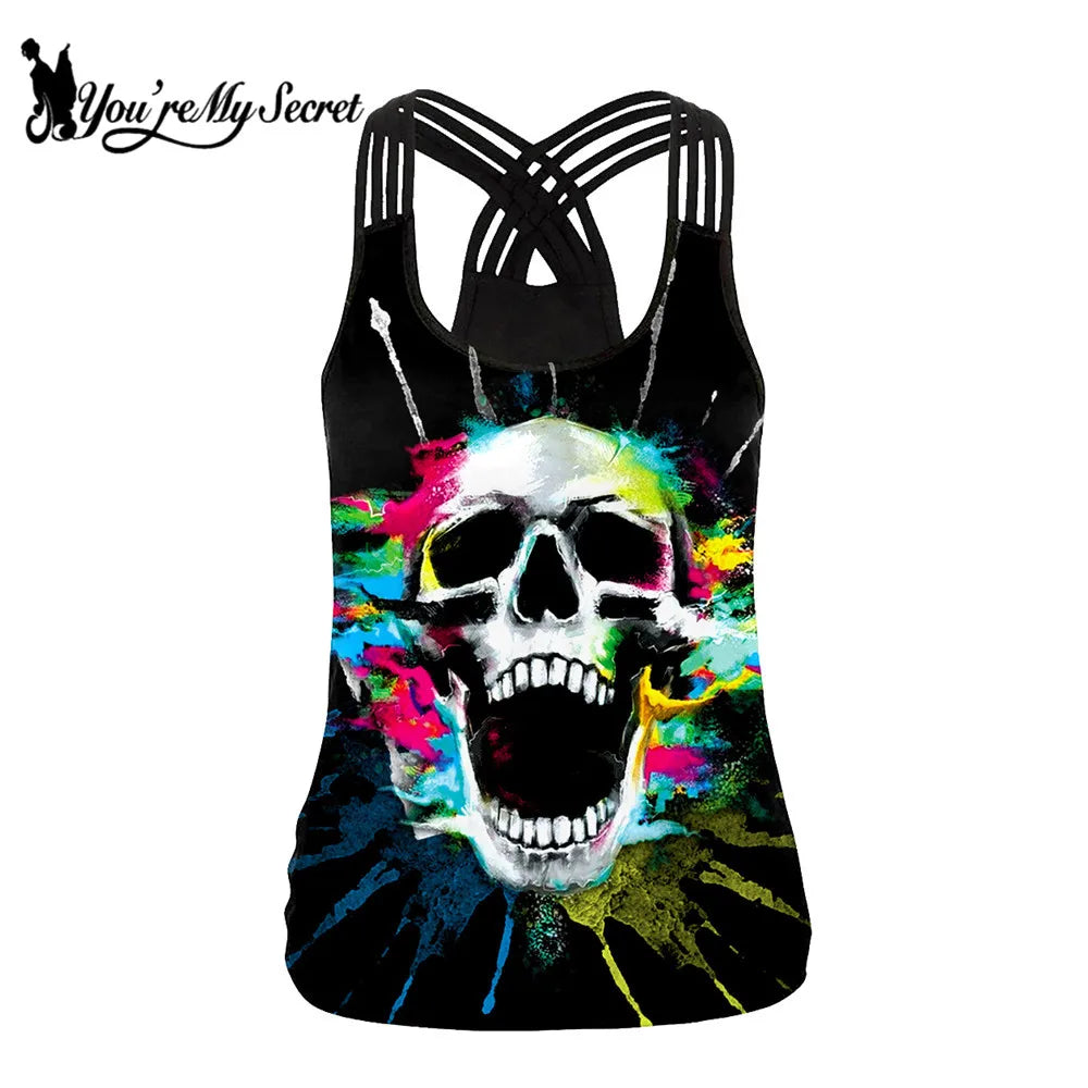 [You're My Secret] 2024 New Skull T-shirt Fashion Summer Bakcless Camisole Goth Slim Clothes Sleeveless O-neck Top Shirt Female