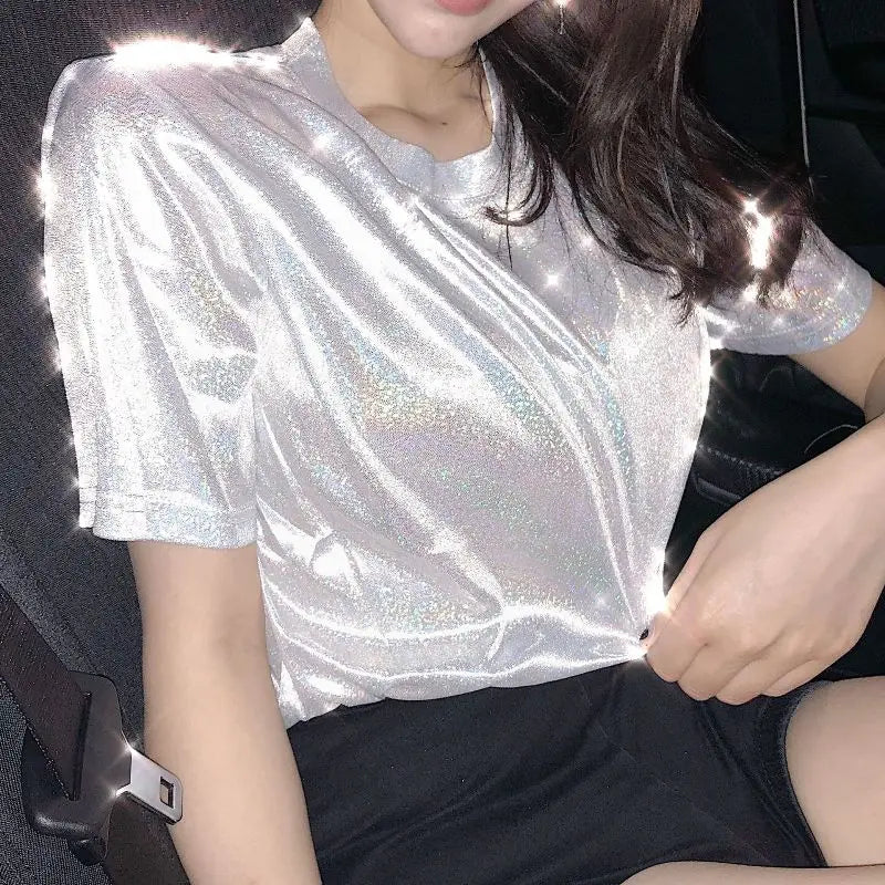 Holographic Festival Style Shimmering Metallic Silky Women’s Crew Neck Short Sleeved Top