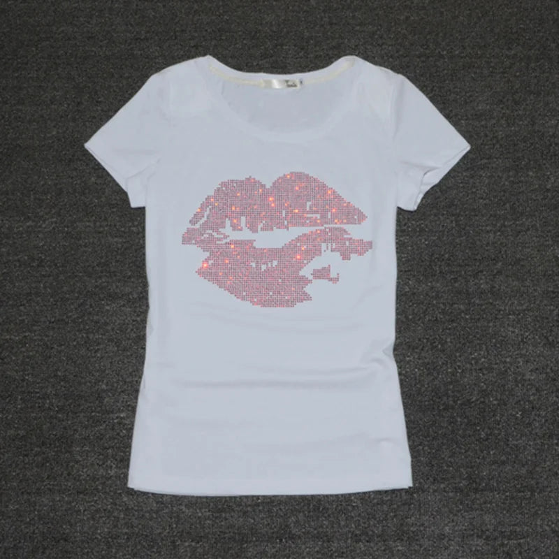 Top-Selling Women's T-Shirt: Summer Short Sleeve, Feminine Fashion with Sexy Lip Crystal Design, O-Neck Soft Cotton Tee for Ladies.