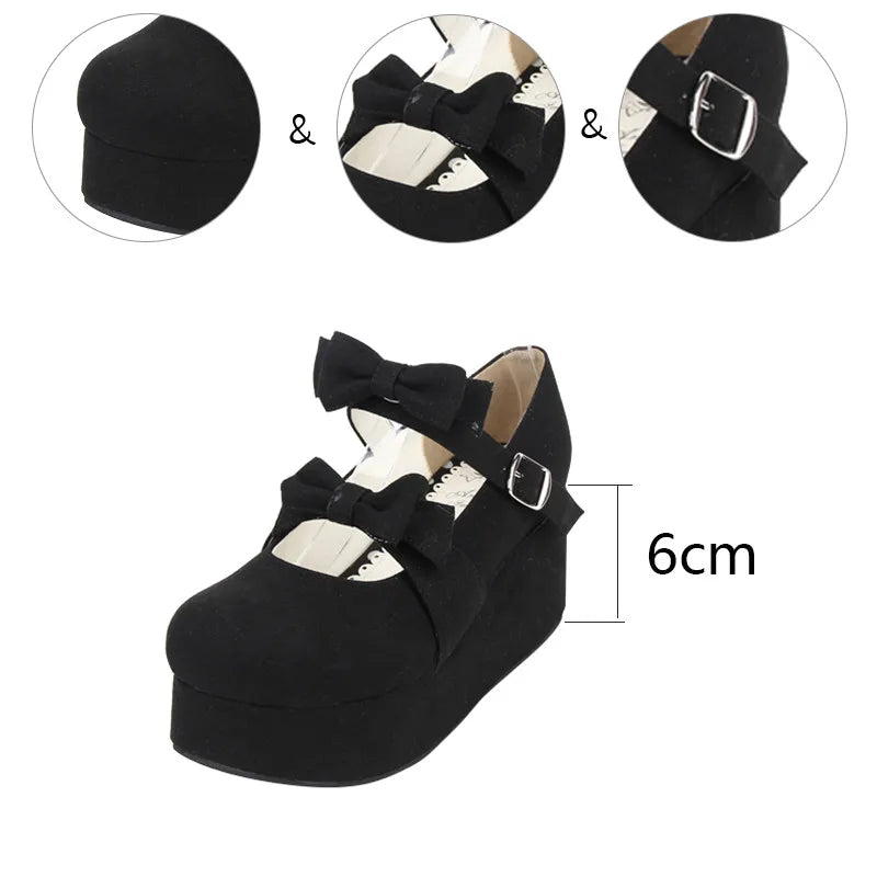 Angelic imprint woman mori girl lolita cosplay shoes lady high wedges heels pumps women princess dress party shoes bow 33-47 6cm