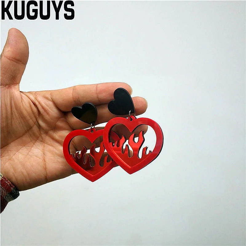 KUGUYS Mirror Red Heart Drop Earrings | Flame Fire Trendy Acrylic Jewelry for Women