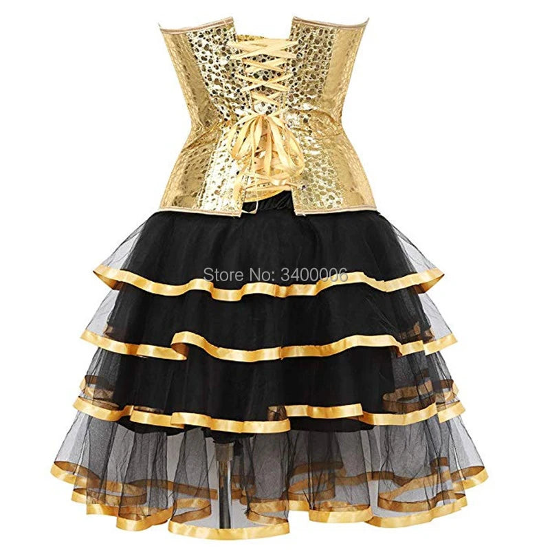 Plus Size Gold Leather Corset Bustier - Sexy Overbust Tutu Dress for Burlesque, Cosplay, Gothic Costume with Bling