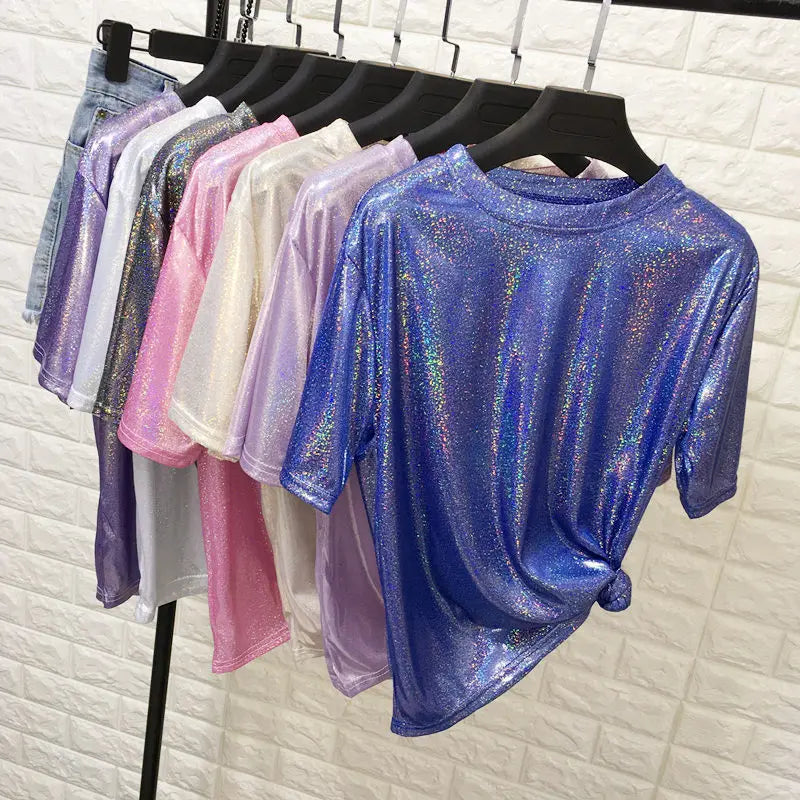 Holographic Festival Style Shimmering Metallic Silky Women’s Crew Neck Short Sleeved Top