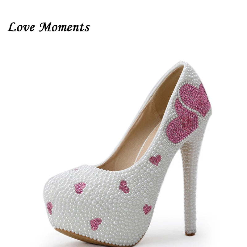 Love Moments White Pearl-Encrusted Stiletto High Heels – Round Toe Dress Shoes for Women