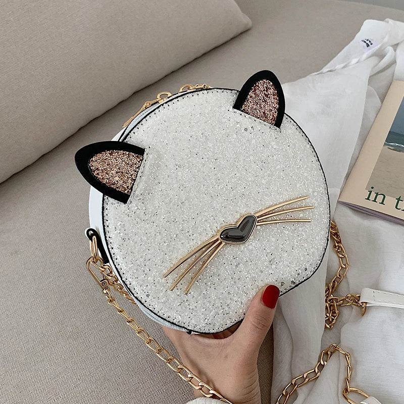 Cute Fashion Round Cat Design Leopard Pu Leather Women Shoulder Bag Handbag Crossbody Bag Girl's Purse Totes Bolsa Clutch Bag