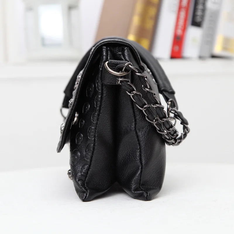 JIEROTYX New Arrival Gothic Skull Handbag - Black Rivet Chain Messenger Crossbody Shoulder Bag for Women