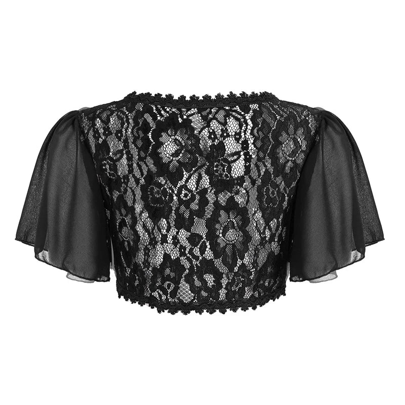 Sexy Bolero for Women | Black White Lace Elegant Ladies Shrug | Short Bell Sleeve Cropped Jacket for Wedding, Evening, Prom