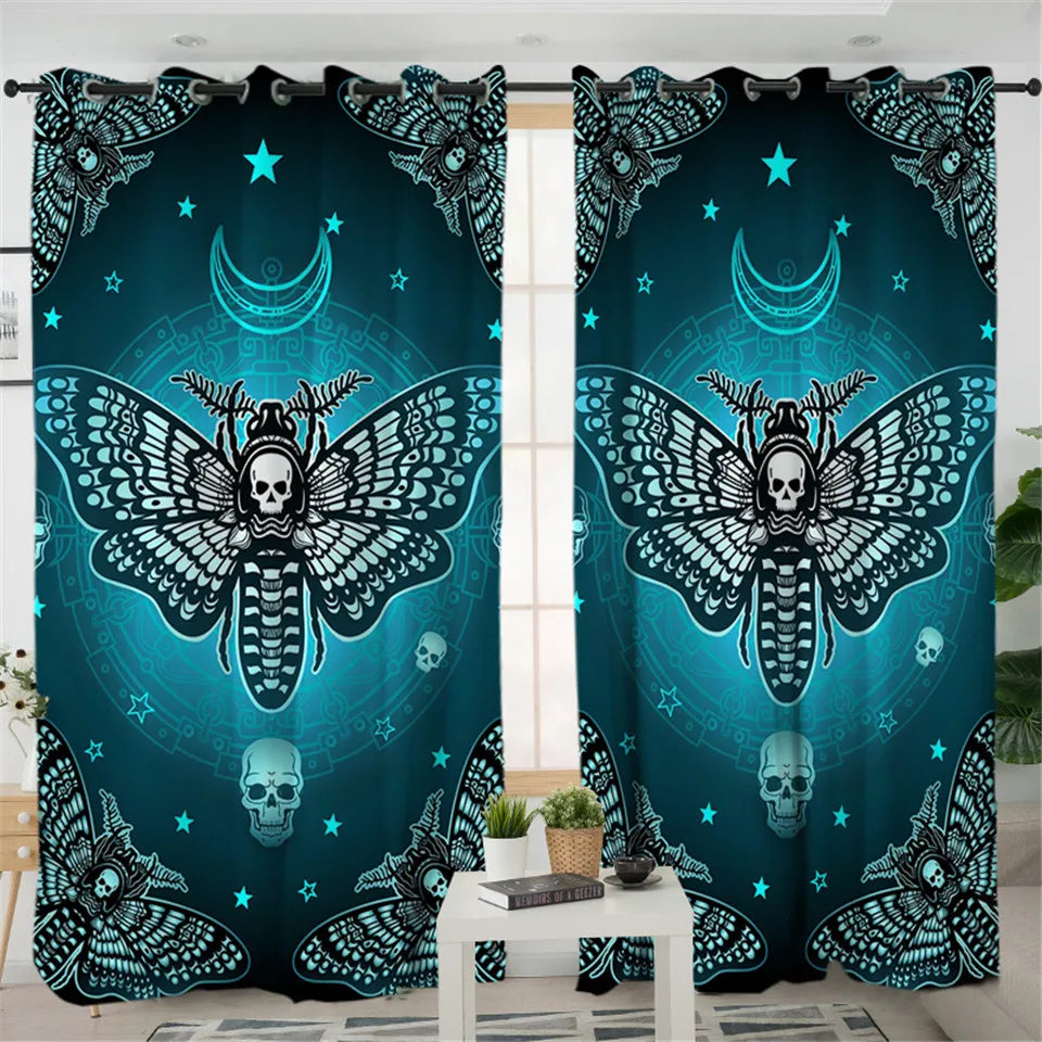 Death Moth Curtain Gothic Skull Blackout Bedroom Butterfly Blue Window Drape by BeddingOutlet