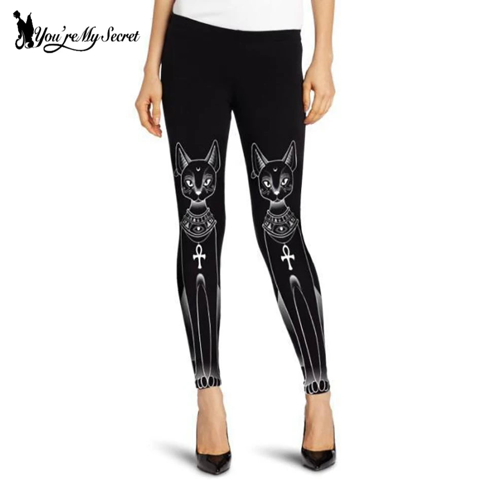 [You're My Secret] Cartooon Black Pants Gothic Long-eared Cat Printed Leggings For Workout Mid Waist Ankle Pant Female Summer