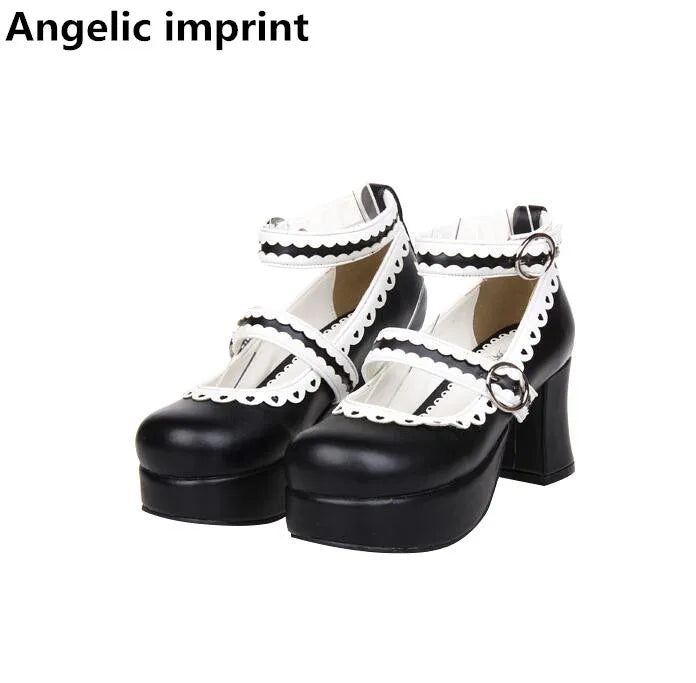 Angelic imprint woman mori girl lolita cosplay shoes lady high heels pumps women princess dress party shoes lacework 33-47 7.5cm