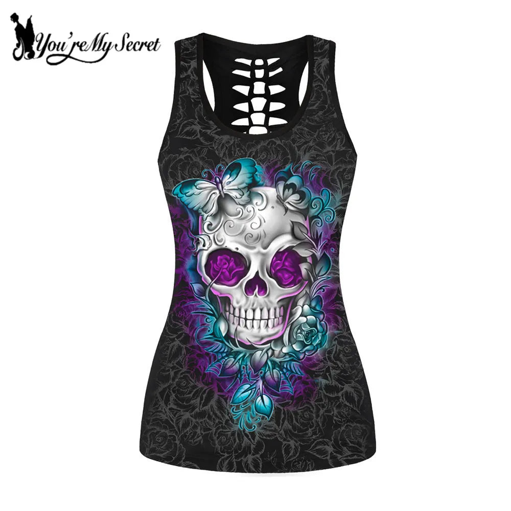 [You're My Secret] Gothic Floral Skeleton Tank Tops Women Red Rose Printed T-shirt Sleeveless Hollow Out Vest Shirts