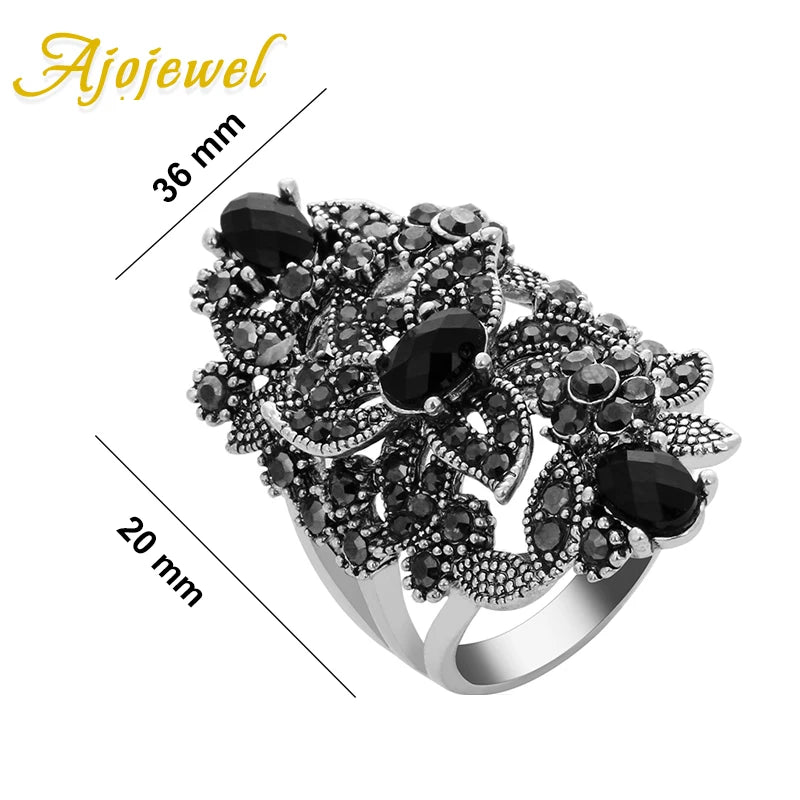 Ajojewel Vintage Retro Luxury Cocktail Ring Women | Black Crystal Rhinestone Flower Jewelry Big Rings