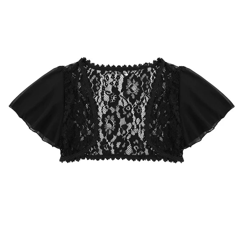 Sexy Bolero for Women | Black White Lace Elegant Ladies Shrug | Short Bell Sleeve Cropped Jacket for Wedding, Evening, Prom