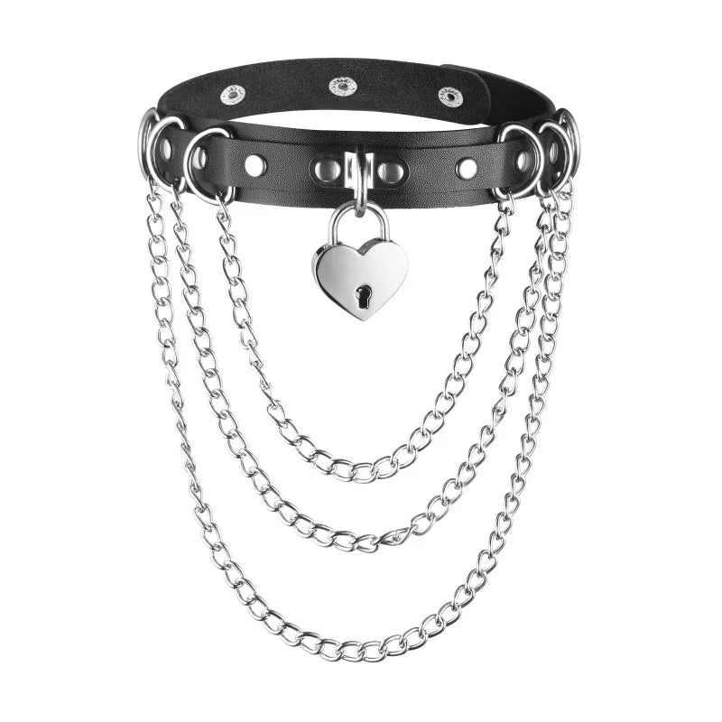 Key To My Heart Lock And Chain PU Leather Choker Necklace Goth Punk Costume Fashion Accessories