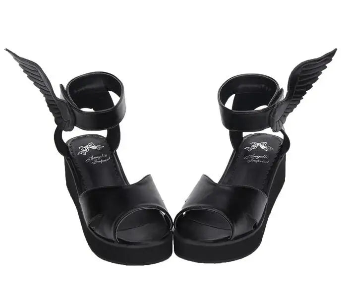 Angelic Imprint Women's Lolita Cosplay Shoes - Mid-Heel Wedges with Black Angel Wing Ankle Accents, Summer Sandals