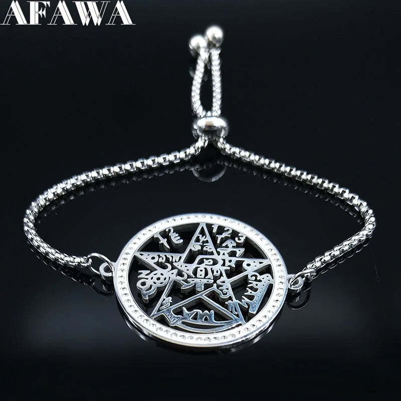 Witchcraft Tetragrammaton Protection Pentagram Crystal Bracelet, Stainless Steel Silver Color Women's Bangle Jewelry