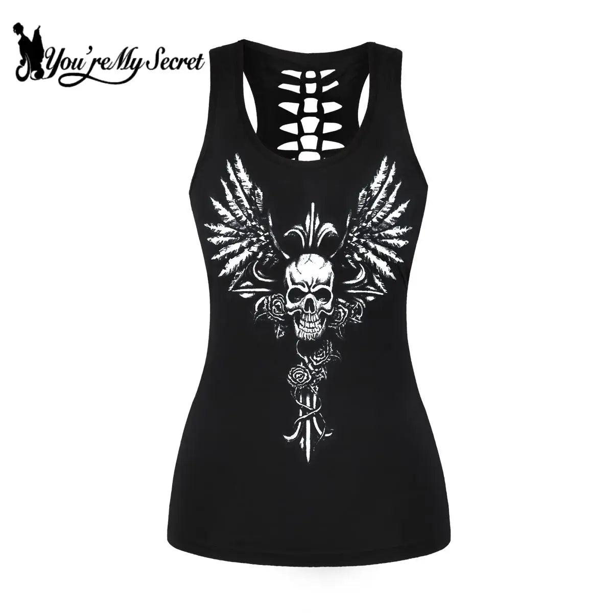 [You're My Secret] Summer Women Tank Tops Punk Gothic Skull Wing Vest Hollow Out  Female Slim Hollow Top