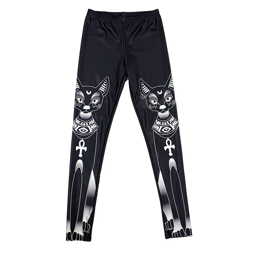 [You're My Secret] Cartooon Black Pants Gothic Long-eared Cat Printed Leggings For Workout Mid Waist Ankle Pant Female Summer