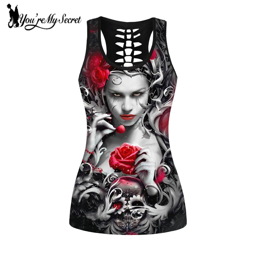 [You're My Secret] Gothic Floral Skeleton Tank Tops Women Red Rose Printed T-shirt Sleeveless Hollow Out Vest Shirts