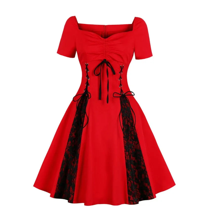 Summer Vintage Black Red Lace-Up Dress - Women’s Ruched Bust Tie Front Gothic Rockabilly Tunic