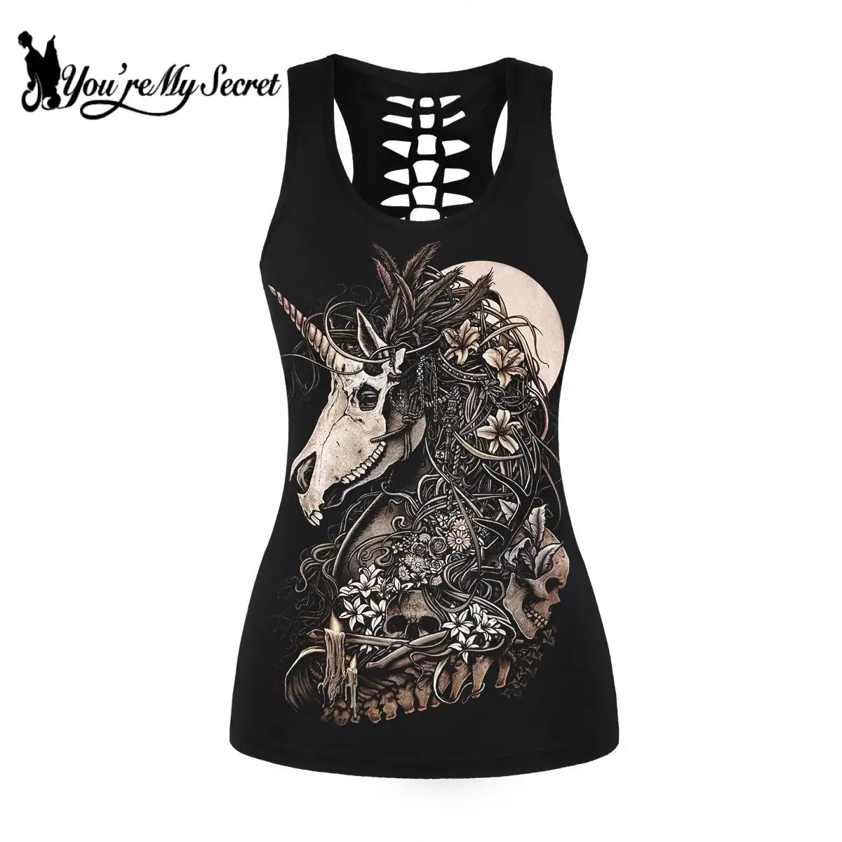 [You're My Secret] Unicorn Skeleton Hollow Tank Top Women Gothic Grunge Vest Black Street Summer Tops Sleeveless Casual Clothing