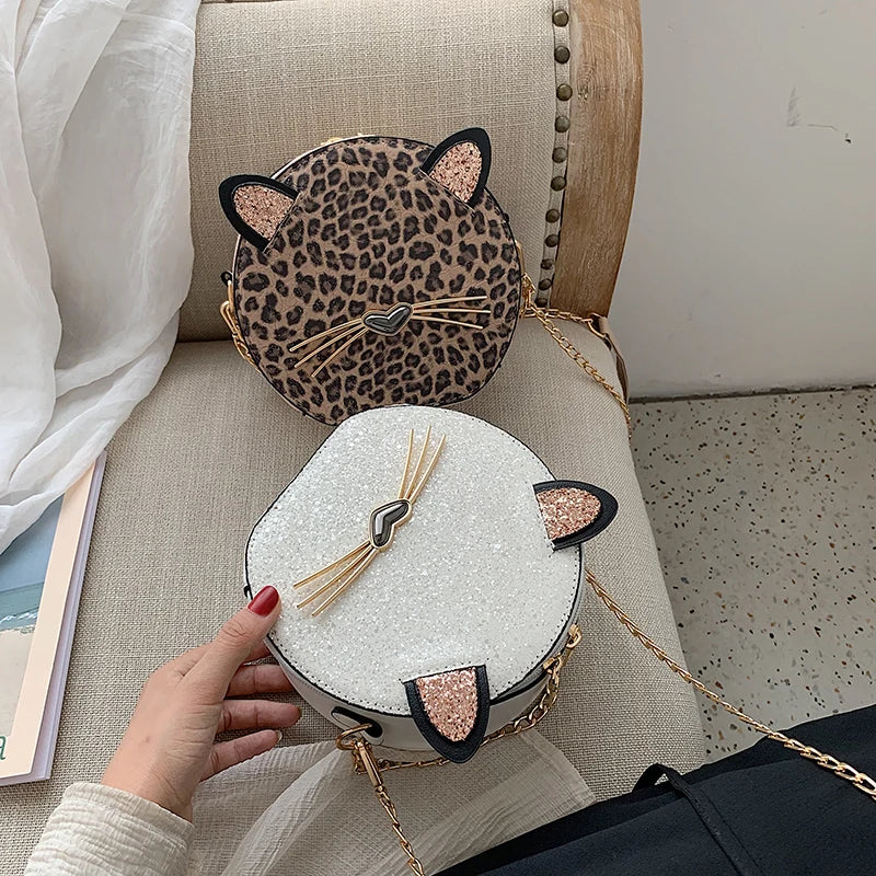 Cute Fashion Round Cat Design Leopard Pu Leather Women Shoulder Bag Handbag Crossbody Bag Girl's Purse Totes Bolsa Clutch Bag