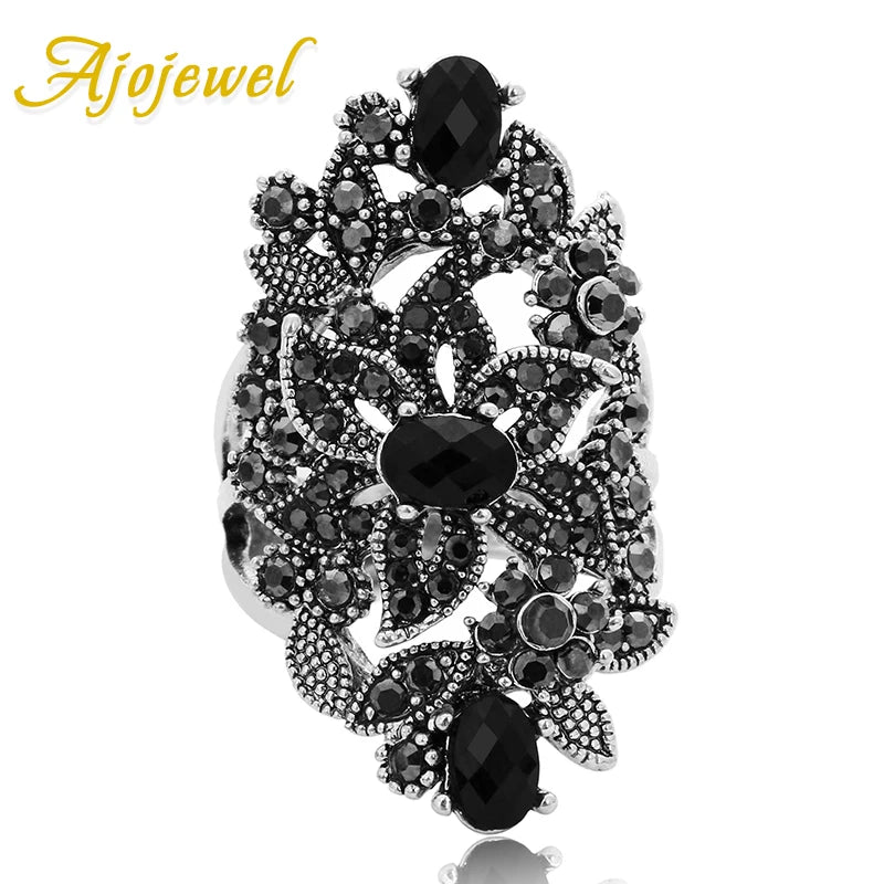 Ajojewel Vintage Retro Luxury Cocktail Ring Women | Black Crystal Rhinestone Flower Jewelry Big Rings