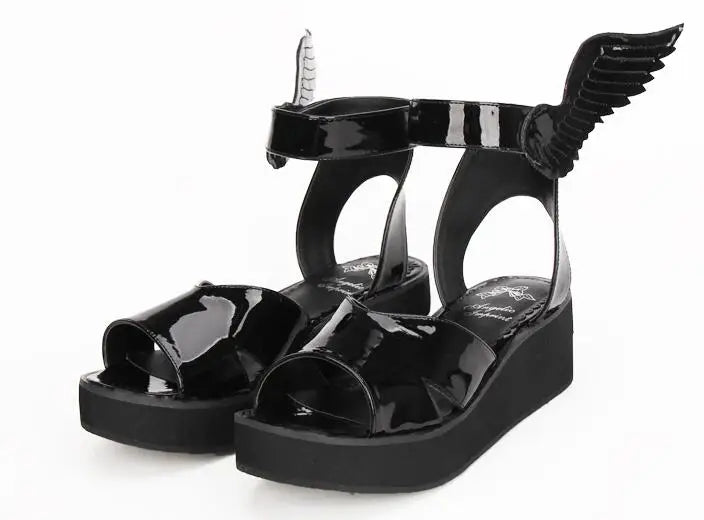 Angelic Imprint Women's Lolita Cosplay Shoes - Mid-Heel Wedges with Black Angel Wing Ankle Accents, Summer Sandals