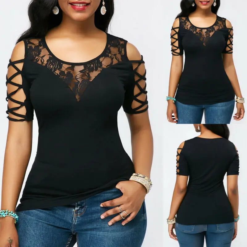 Women's Fashion Cold Shoulder T-Shirt - Round Neck, Floral Lace, Slim Fit, Short Sleeve Summer Top