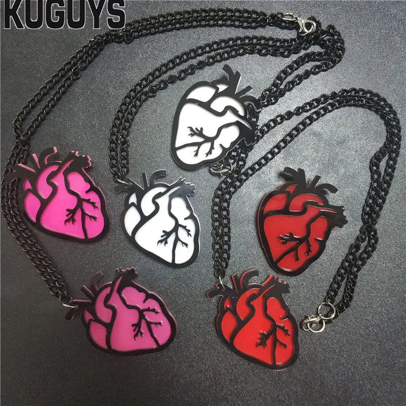 KUGUYS Red, Hot Pink, and White Heart Pendant Necklaces - Trendy Acrylic Accessories Fashion Jewelry for Women and Men