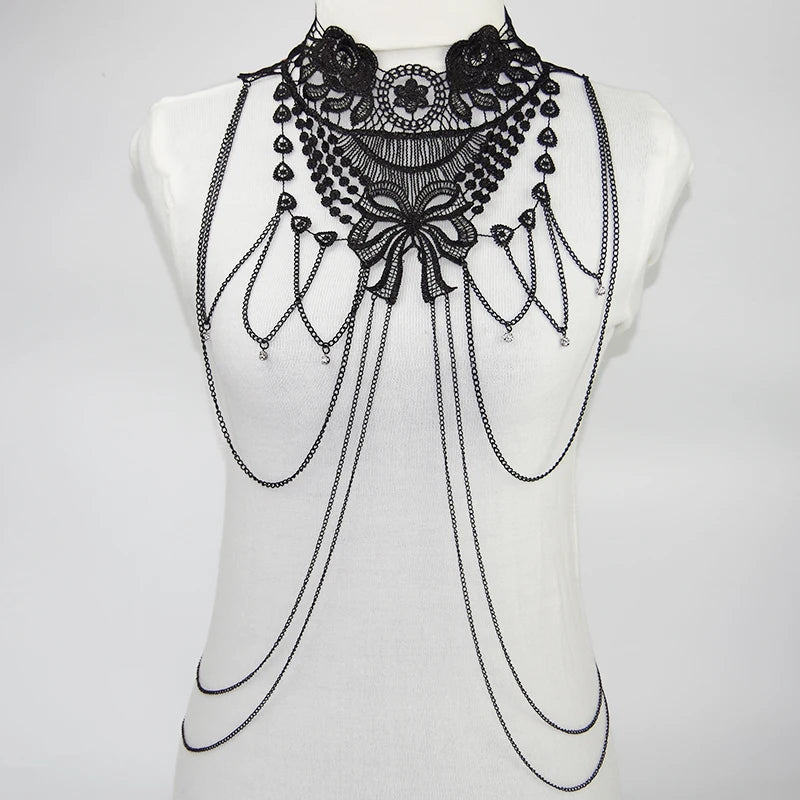 Black Lace Body Chain Jewelry - Women's Gothic Accessories for Cosplay and Halloween Costumes