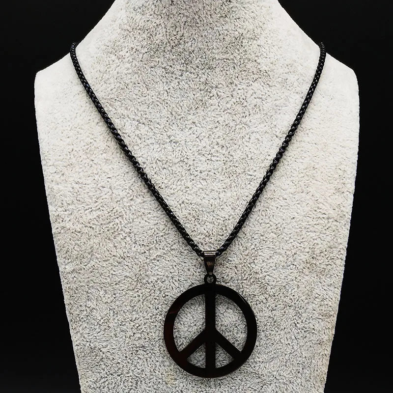 Peace Sign Symbol Pendant Necklace Men Black Color Stainless Steel Peaceful Match Chain Jewerly cadenas mujer N438S02