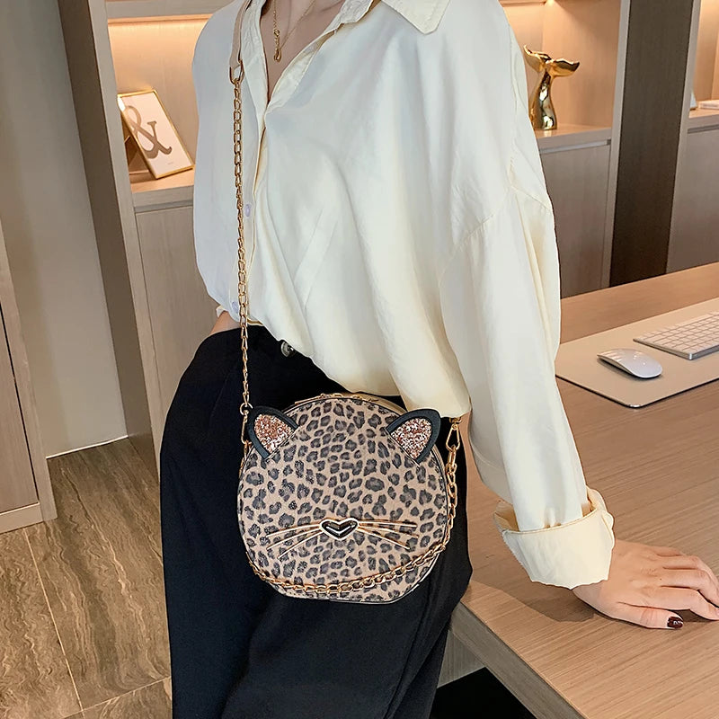 Cute Fashion Round Cat Design Leopard Pu Leather Women Shoulder Bag Handbag Crossbody Bag Girl's Purse Totes Bolsa Clutch Bag