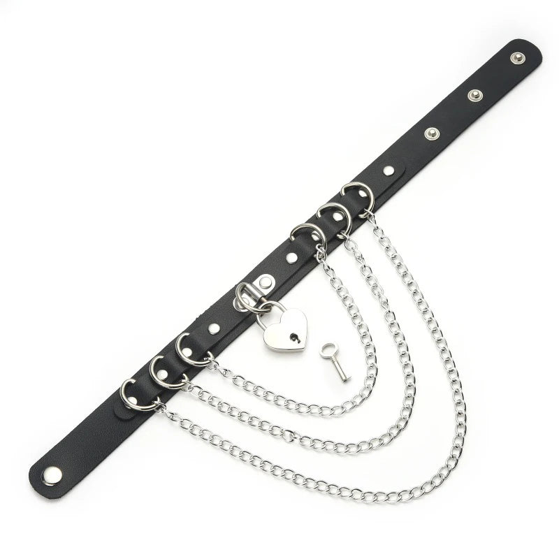 Key To My Heart Lock And Chain PU Leather Choker Necklace Goth Punk Costume Fashion Accessories