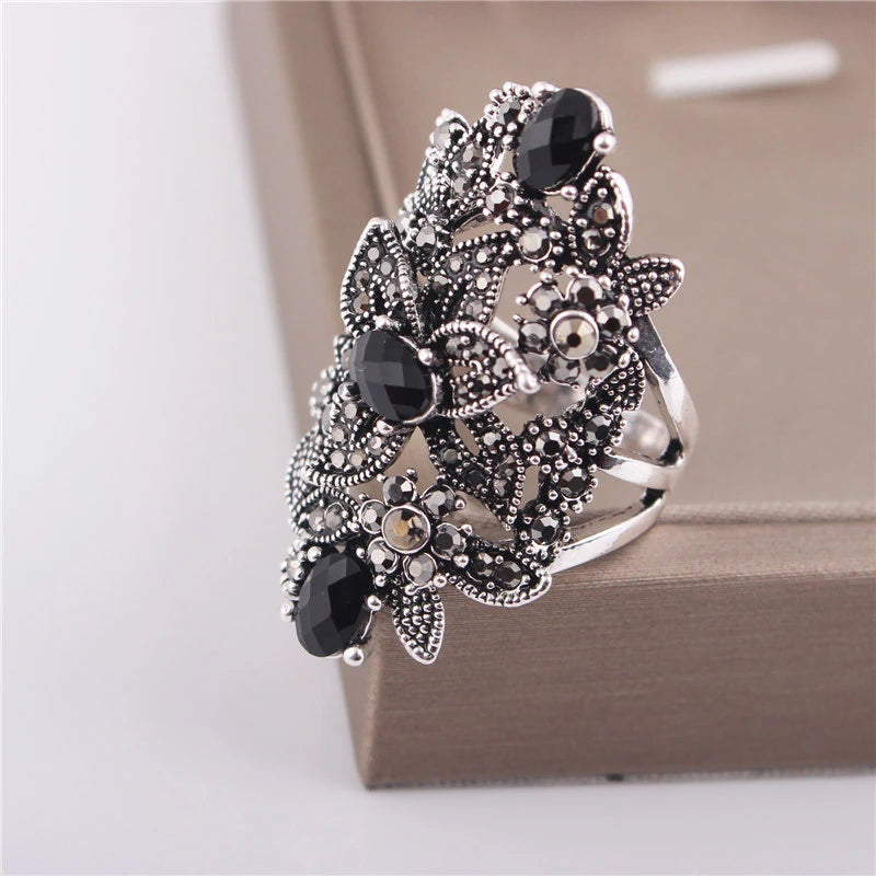 Ajojewel Vintage Retro Luxury Cocktail Ring Women | Black Crystal Rhinestone Flower Jewelry Big Rings