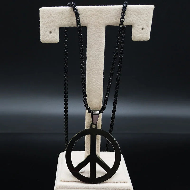 Peace Sign Symbol Pendant Necklace Men Black Color Stainless Steel Peaceful Match Chain Jewerly cadenas mujer N438S02