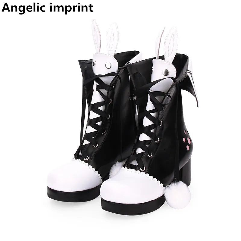 Angelic imprint mori girl Women punk boots lady lolita ankle Boots woman high heels pumps platform shoes 33-47 rabbit ears 902