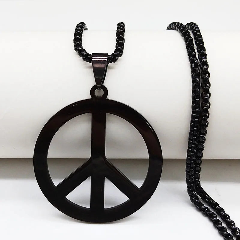 Peace Sign Symbol Pendant Necklace Men Black Color Stainless Steel Peaceful Match Chain Jewerly cadenas mujer N438S02