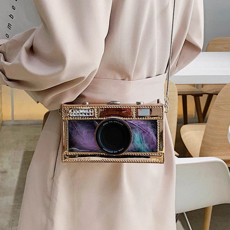 New Camera Design Transparent Colored Feathers Pu Leather Ladies Chain Purse Daily Clutch Shoulder Bag Tote Women Pouch Handbag