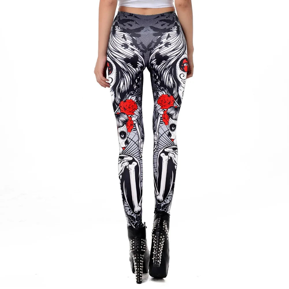 [You're My Secret] New Fitness Leggings Horror Skull Print for Women, Rose Halloween Party Wear