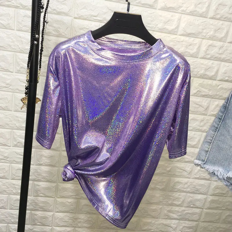 Holographic Festival Style Shimmering Metallic Silky Women’s Crew Neck Short Sleeved Top